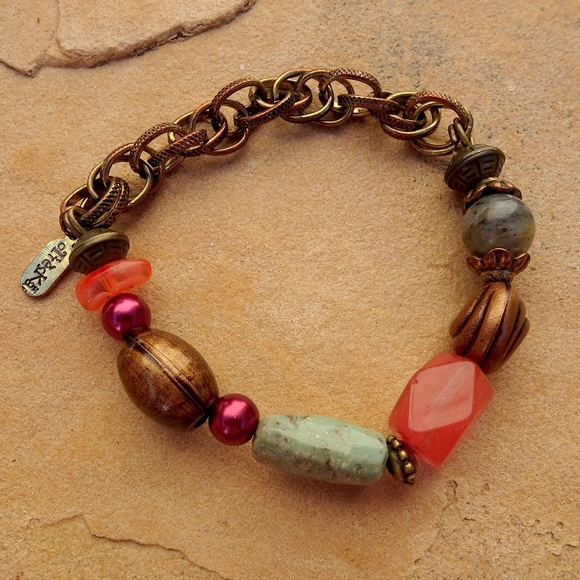 Treska Chain & Gemstone Bead Unique Artsy Earthy Boho Hippie Stretch Bracelet - Picture 1 of 8